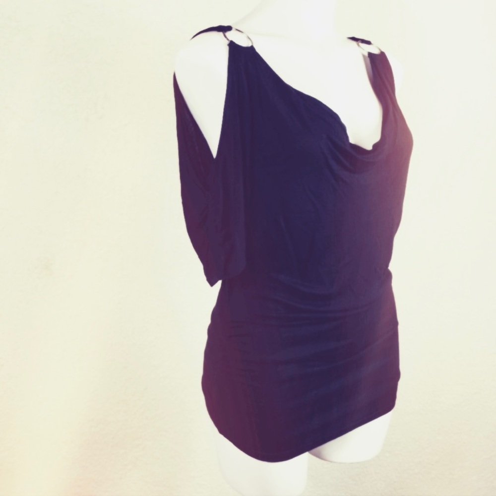 Purple Cold Shoulder Cowl Neck Ruched Top Medium